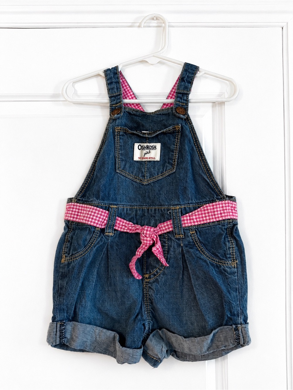 Y2K Vintage OshKosh B’gosh Girls Denim Shortalls Pink Gingham Belt 12M